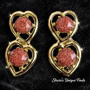 Vintage Gold Tone Heart Dangle Earrings Pink Glitter Stone Clip On
